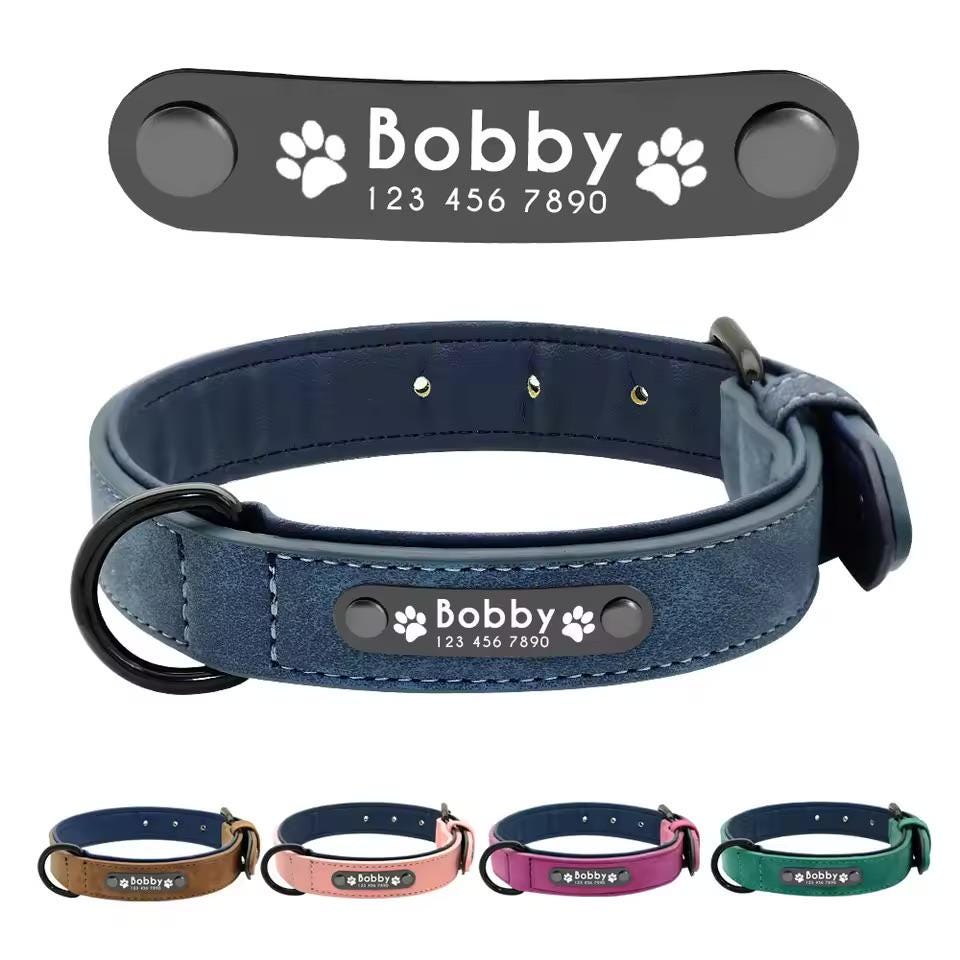 Close-up of engraved stainless steel nameplate on a leather dog collar
