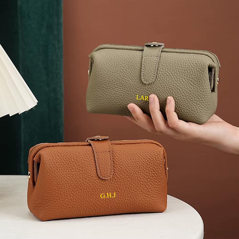 Personalized leather makeup bag, large capacity, custom engraved cowhide