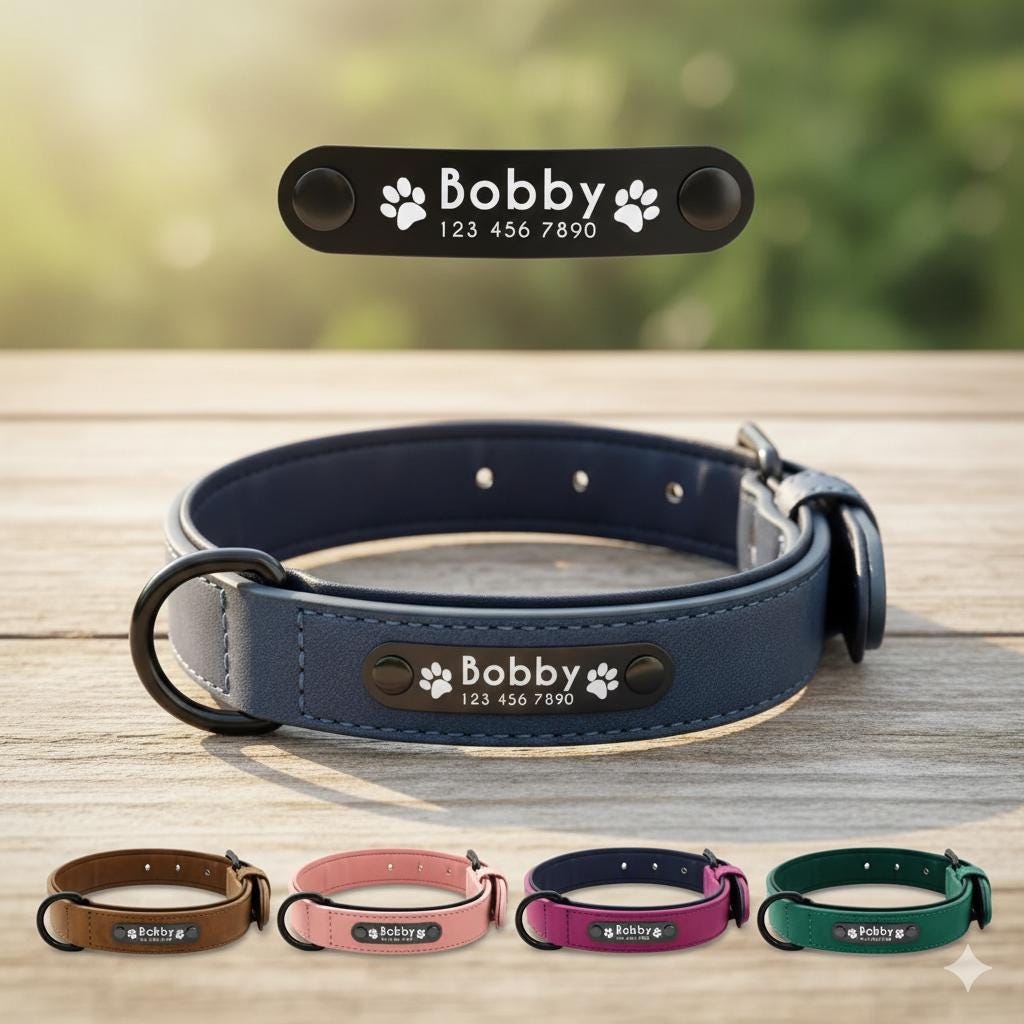 Leather dog collar shown on a dog