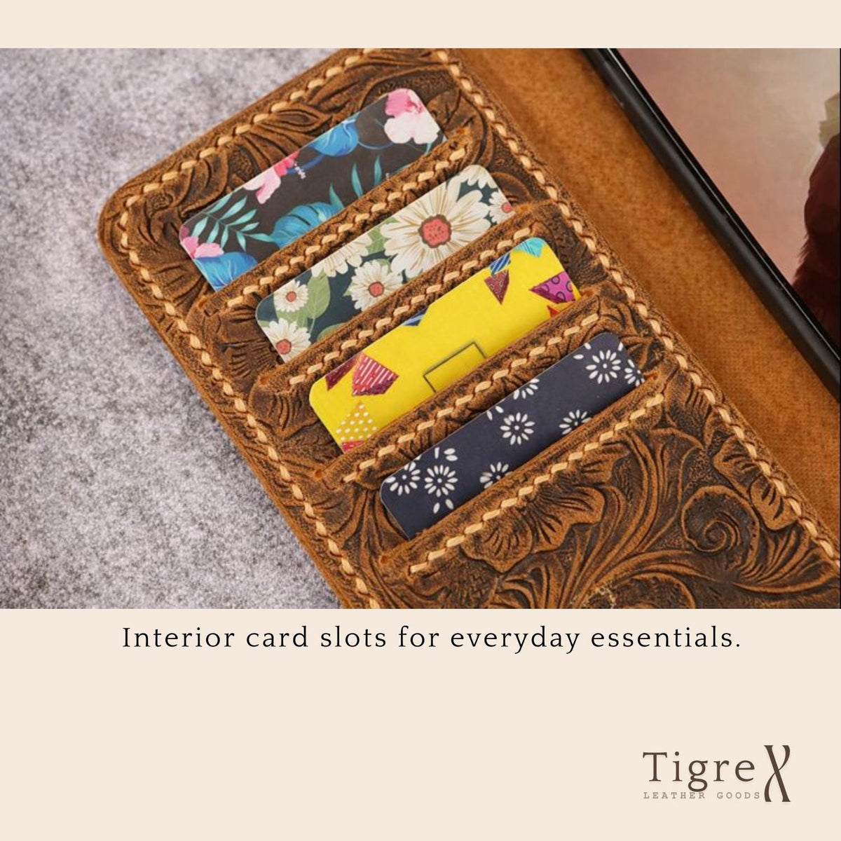 Close-up of floral embossing on a leather iPhone wallet case