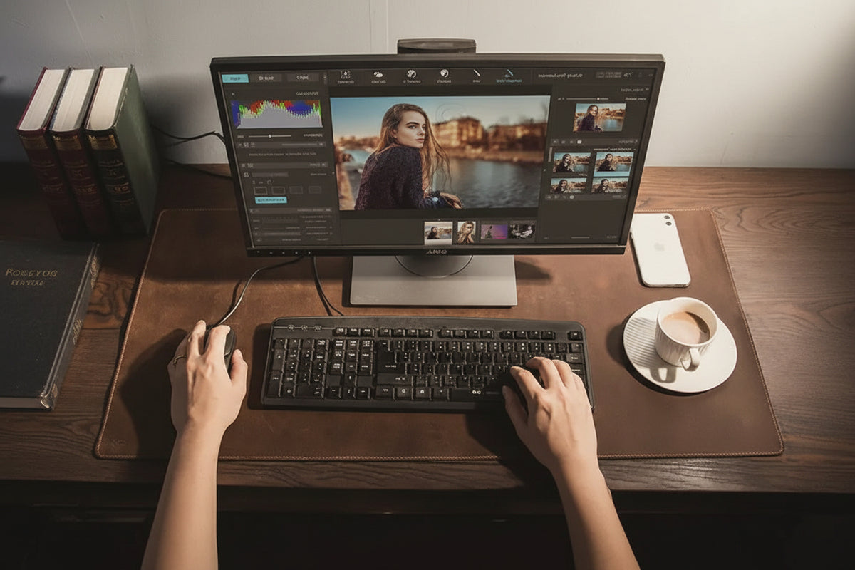 Leather desk mat, full-grain, shown on a desk