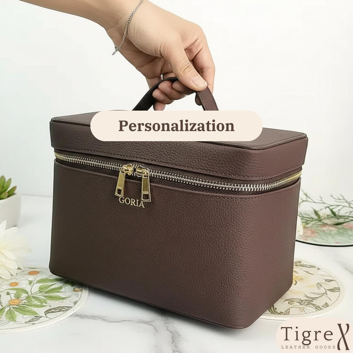 Leather cosmetic bag styled for travel