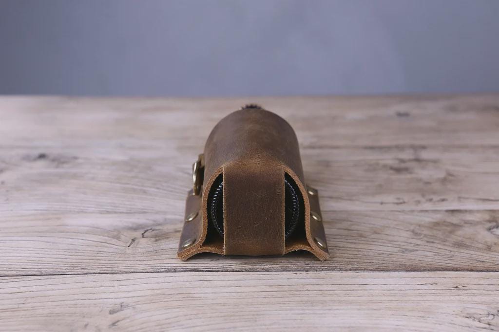 Leather beer holster, full-grain texture detail