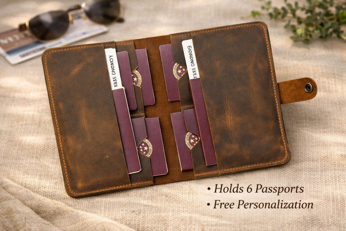Leather family passport holder styled for travel