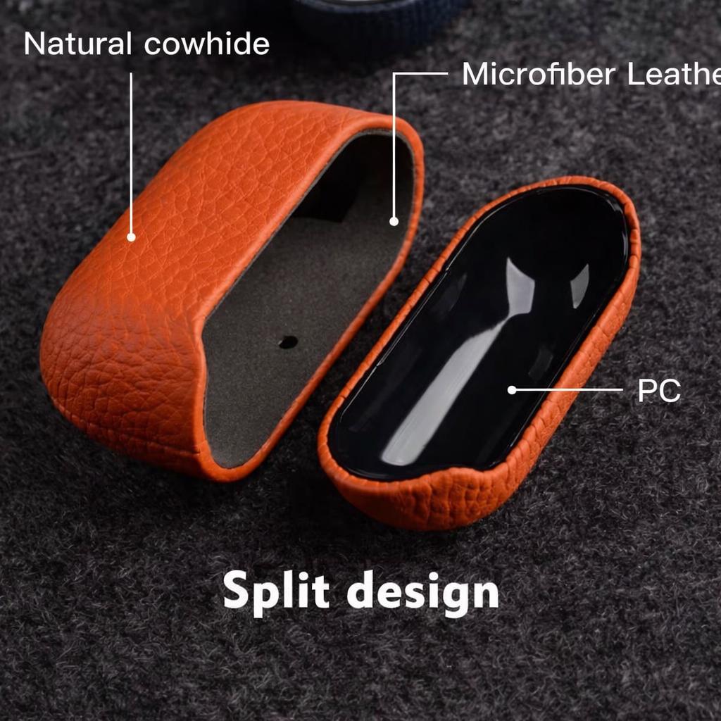 Leather AirPods case shown open with multiple model fit