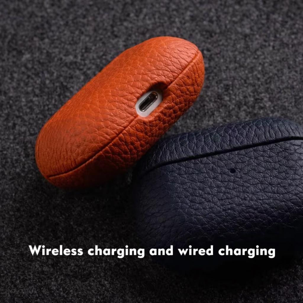 Custom engraving detail on a leather AirPods case