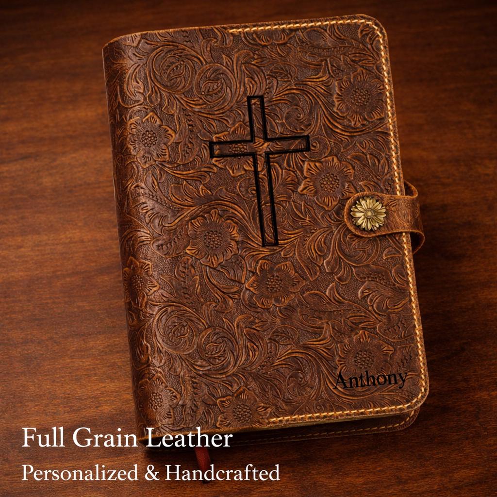 Personalized floral embossed full-grain leather Bible cover with engraved cross and name by TigreX Studio