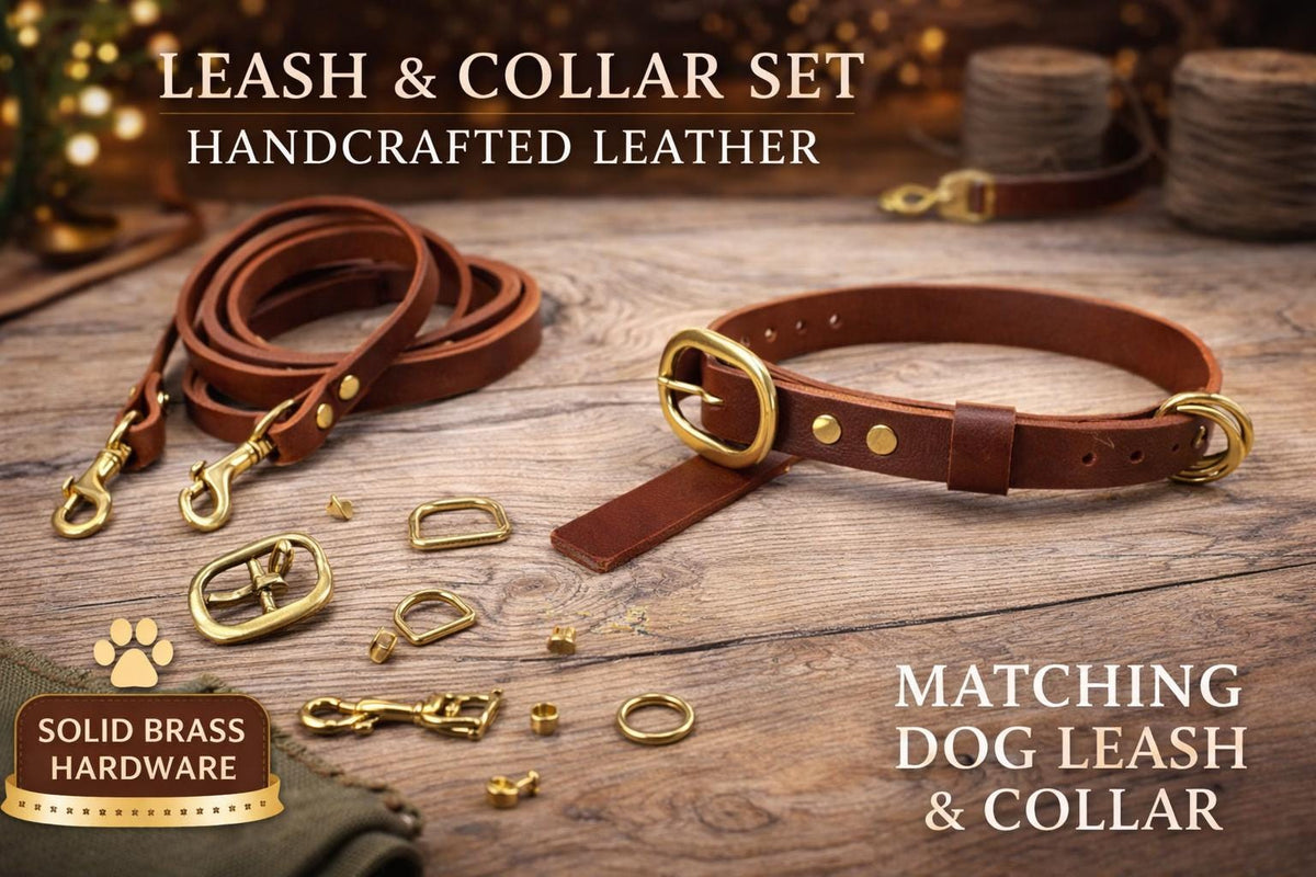 Leather dog collar and leash set shown on a table