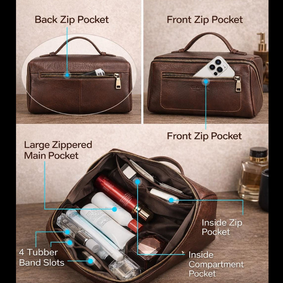 Leather toiletry bag, full-grain texture detail