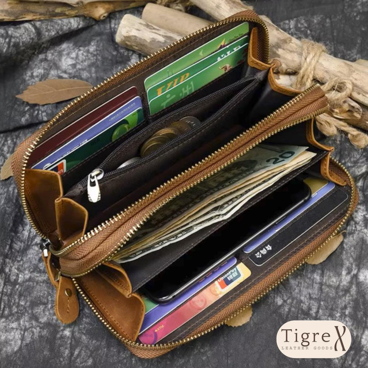 Close-up of zipper and stitching detail on a genuine leather long wallet