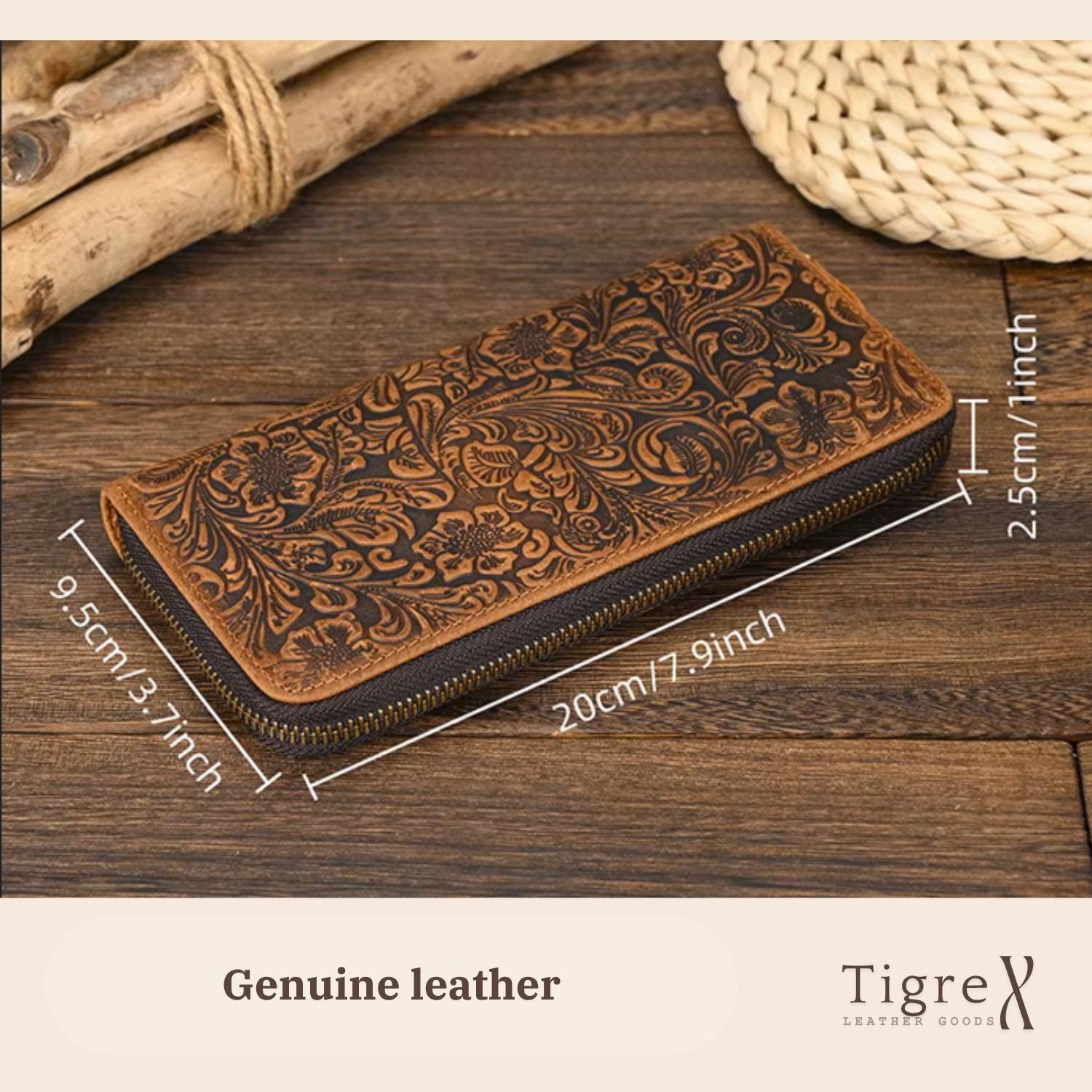 Leather Long Wallet – Genuine Cowhide Zip Around Travel Wallet Tigre X Studio