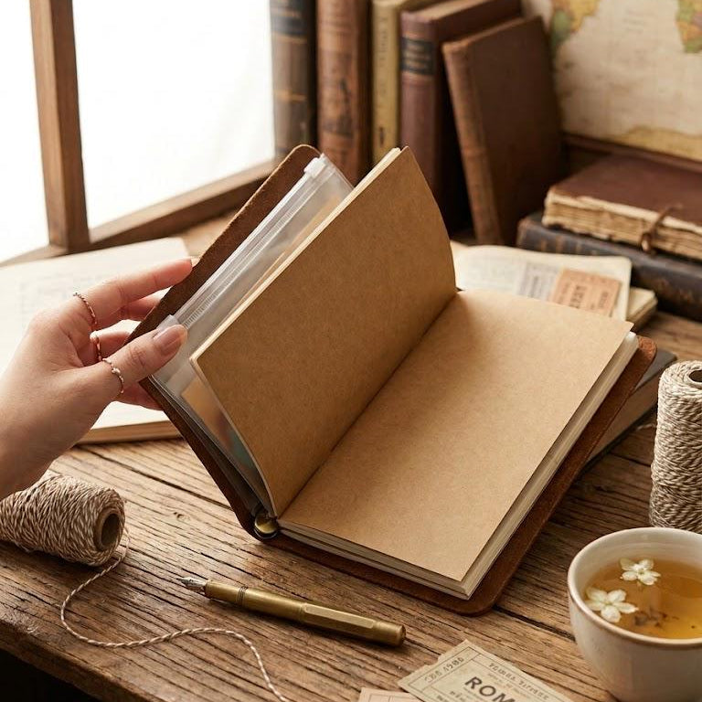 Leather traveler's notebook available in S, M, and L sizes