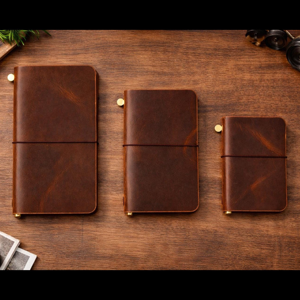 Close-up of full-grain leather texture on a traveler's notebook
