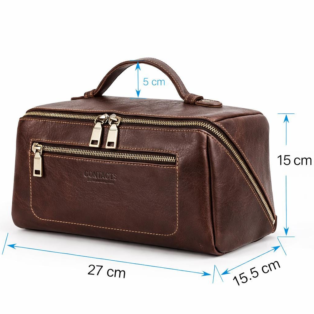 Custom engraving detail on a leather toiletry bag