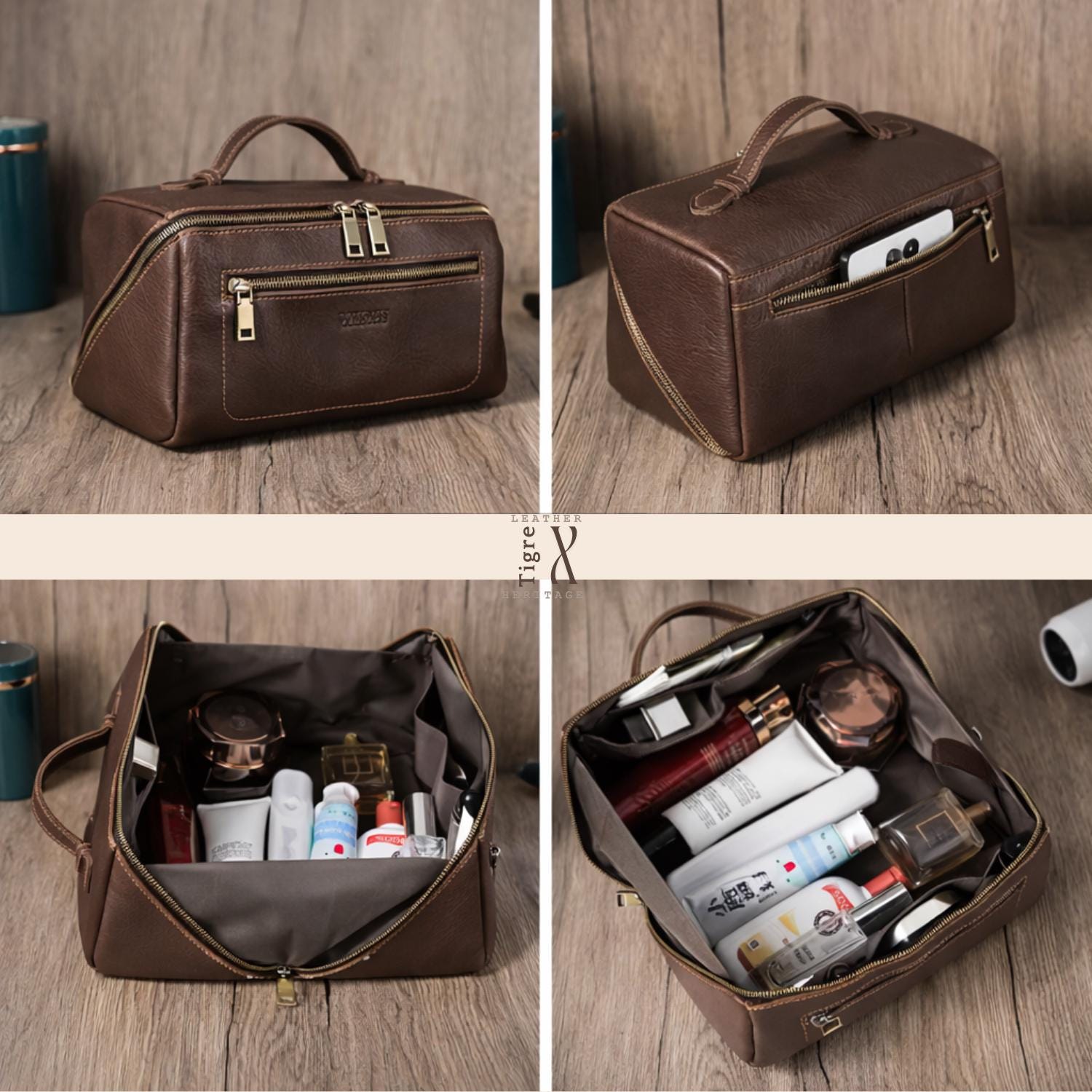 Leather Toiletry Bag – Full Grain Travel Organizer, Personalized Dopp Kit Tigre X Studio