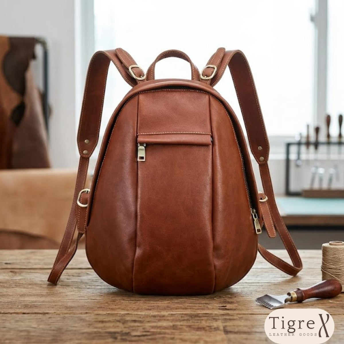 Monogram Leather Backpack – Full-Grain Travel & Laptop Bag Tigre X Studio