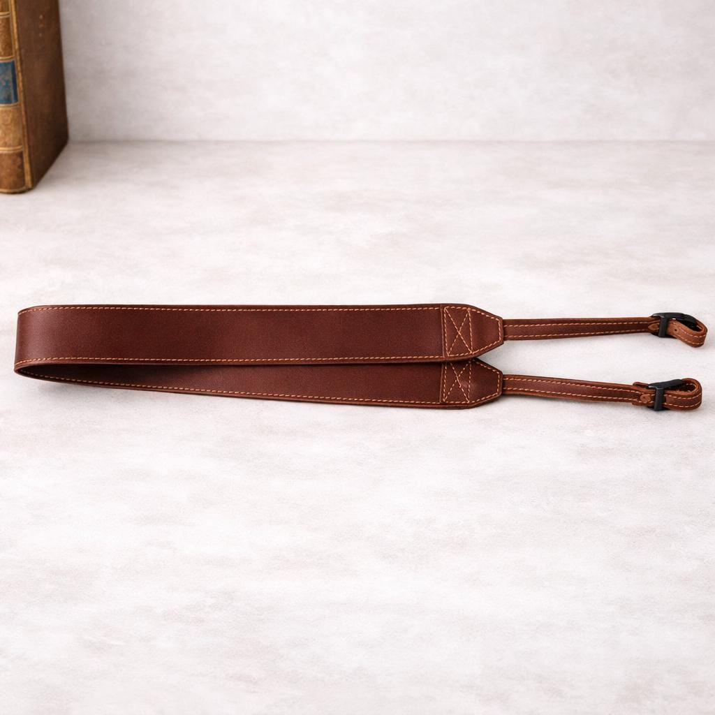Close-up of full-grain leather texture on a camera strap