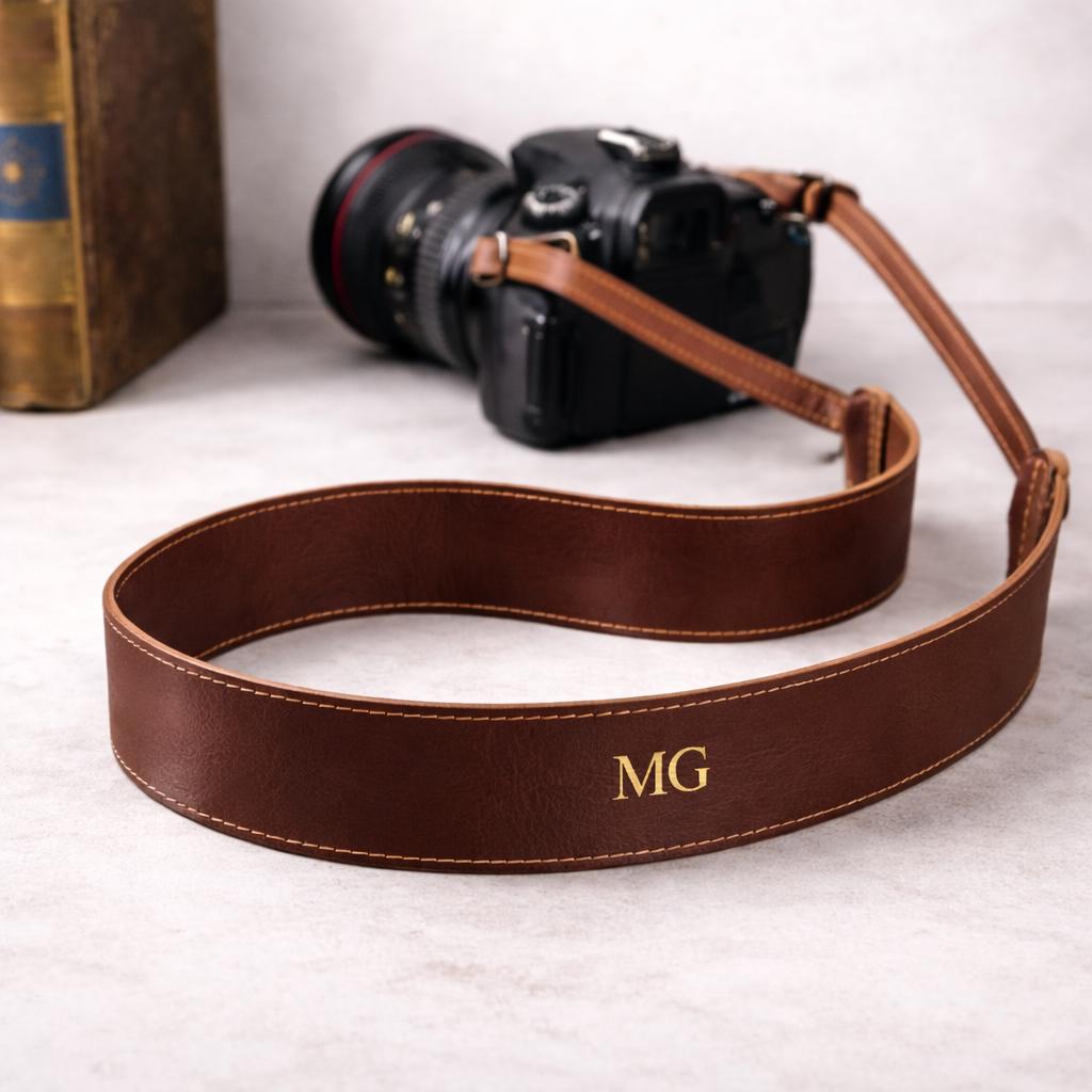Leather camera strap shown attached to a camera