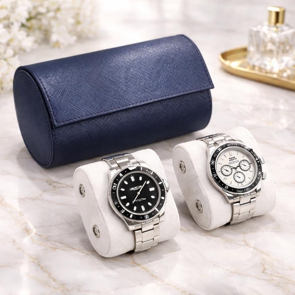 Leather watch roll shown open with two watches secured inside