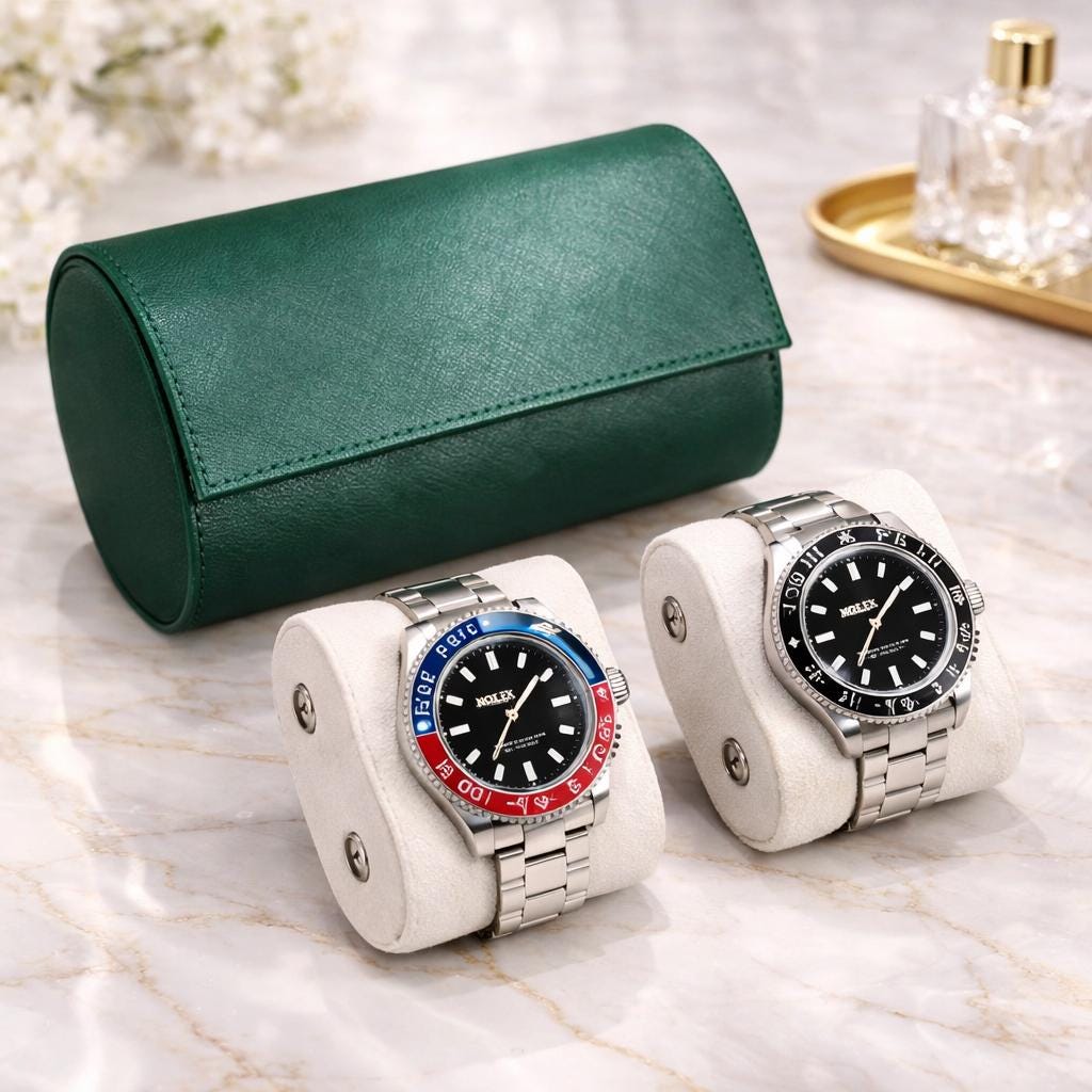 Leather watch roll shown from a side angle, 2-slot travel case