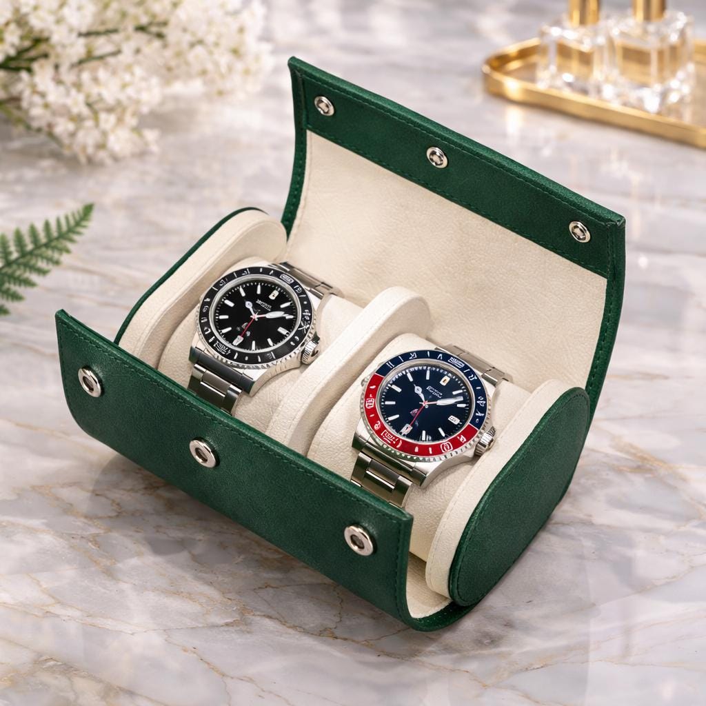 Leather watch roll rolled closed, travel-ready watch case