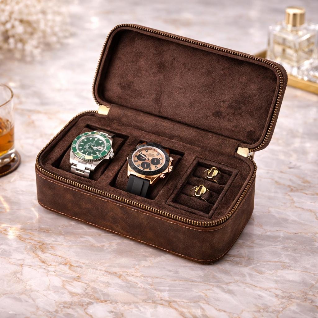 3-slot leather watch travel case shown closed with zipper detail
