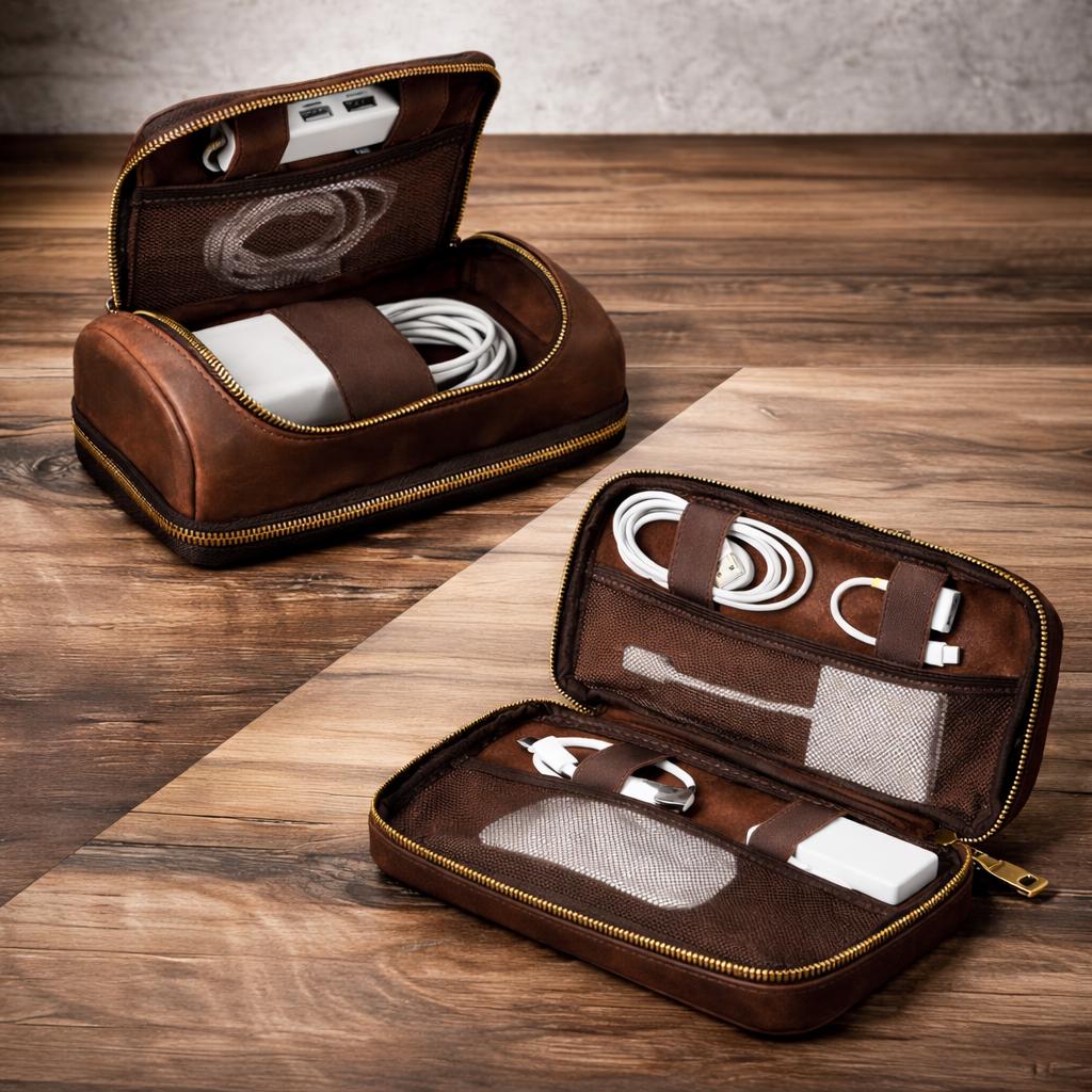 Leather tech organizer with removable wrist strap