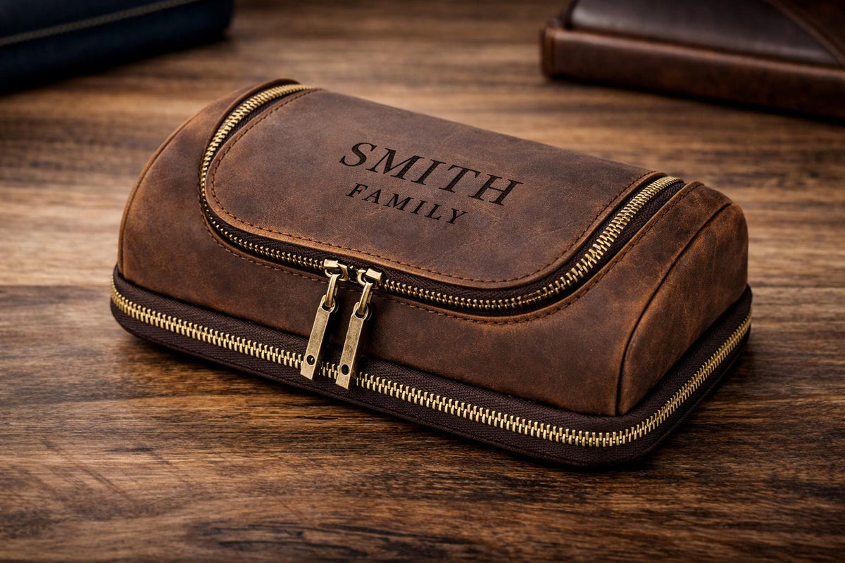 Custom engraving detail on a leather tech organizer