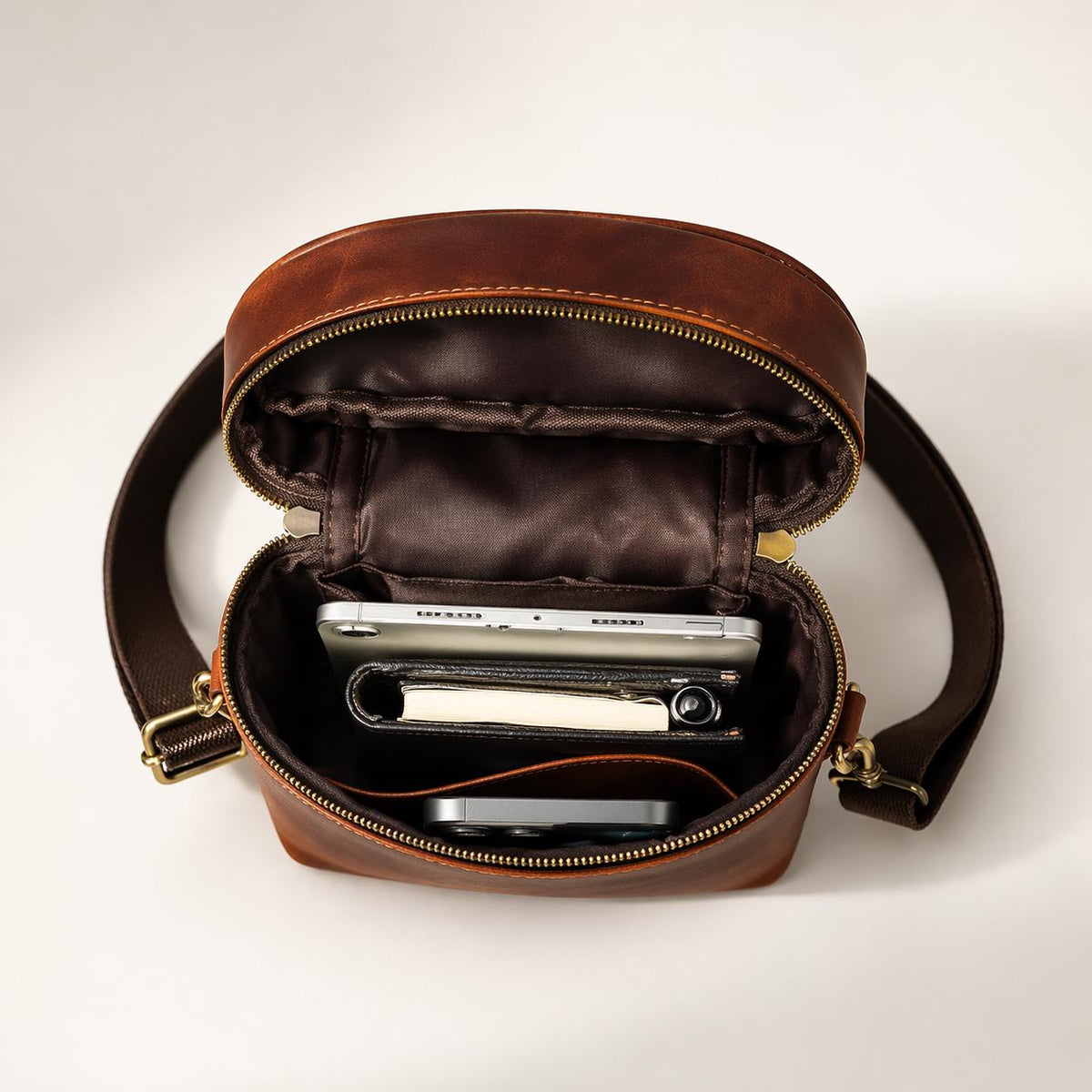 Leather crossbody bag worn at the waist