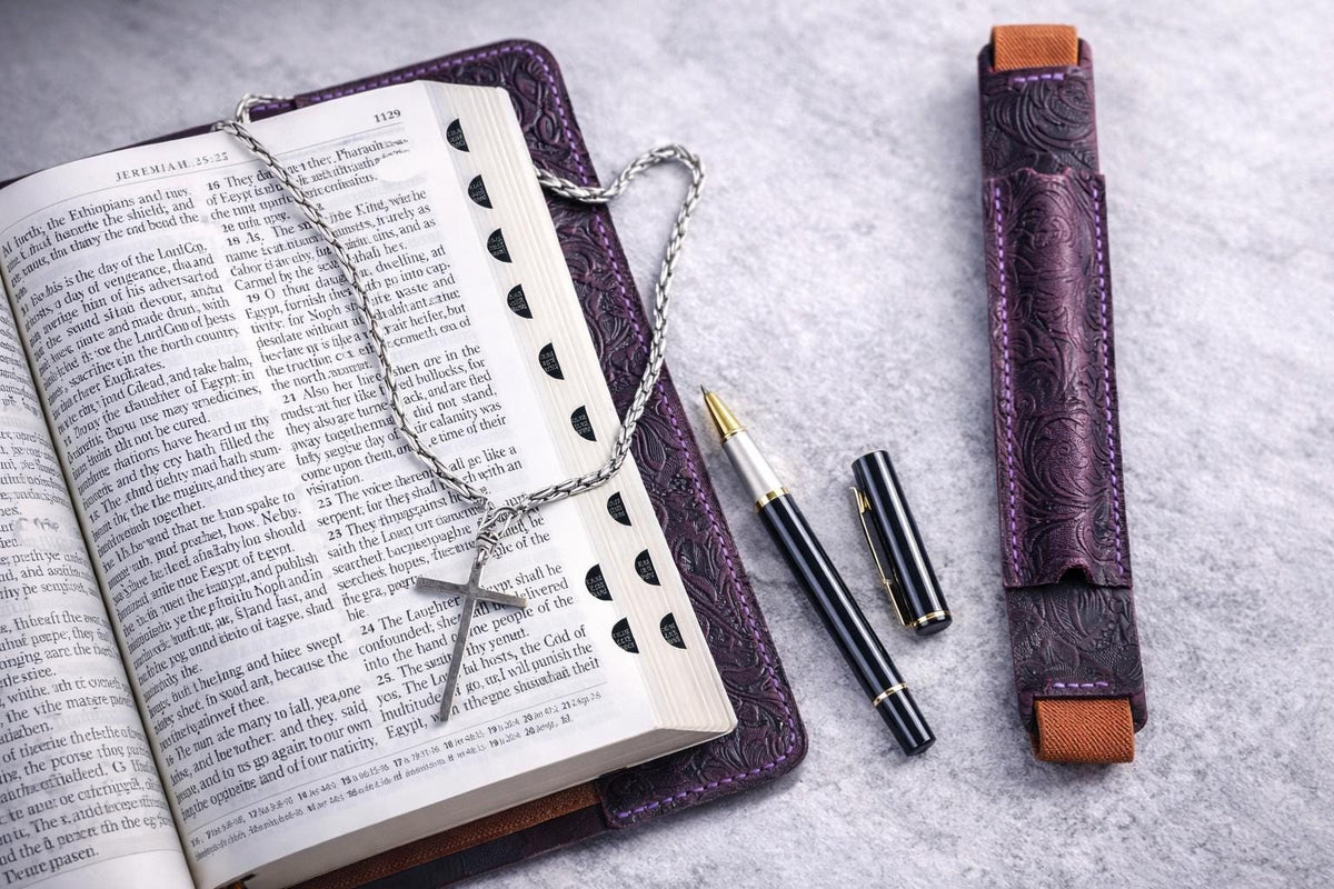 Close-up of custom name engraving on a purple leather Bible cover