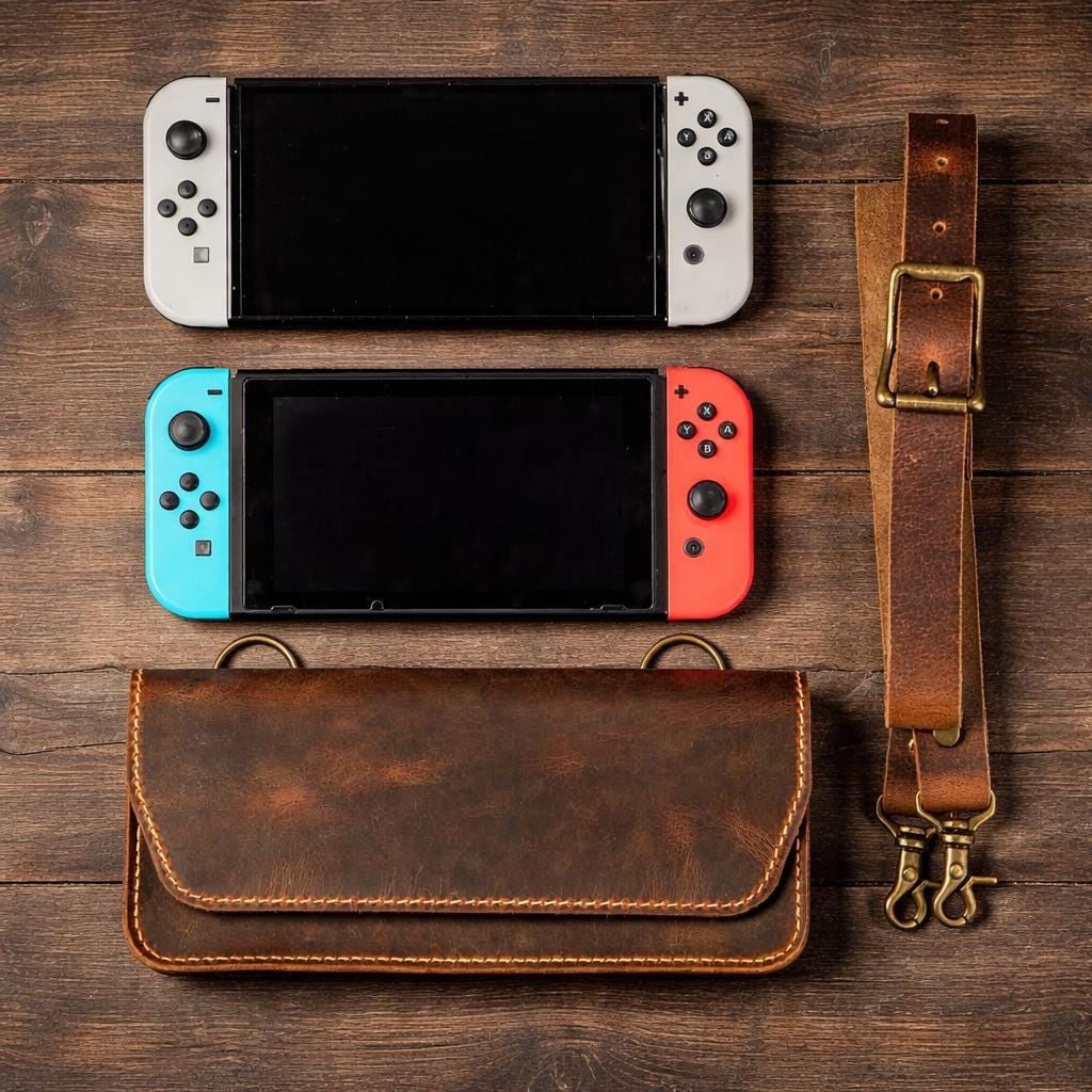 Handmade leather Nintendo Switch case, full-grain console cover
