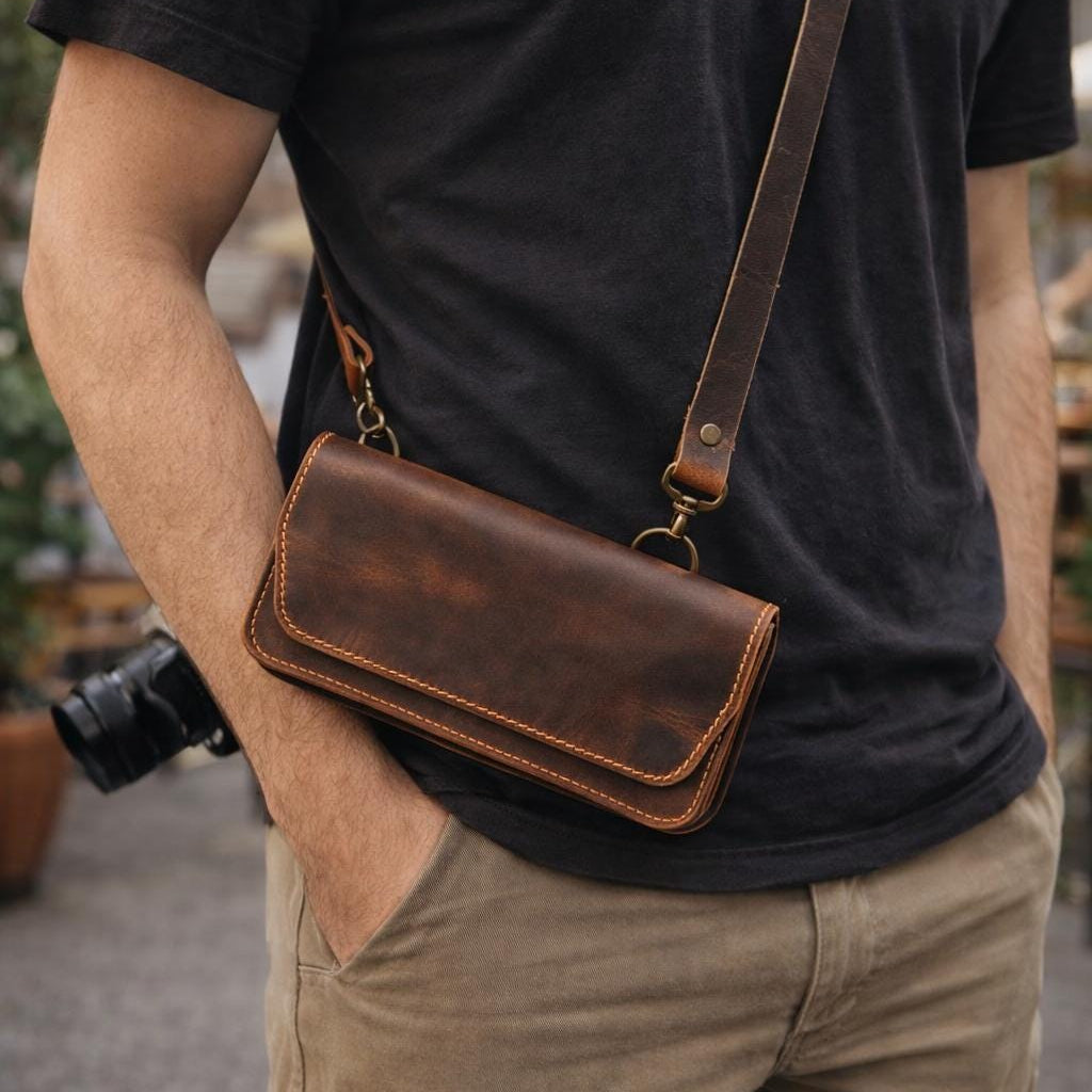 Close-up of brass hardware on a leather Nintendo Switch case