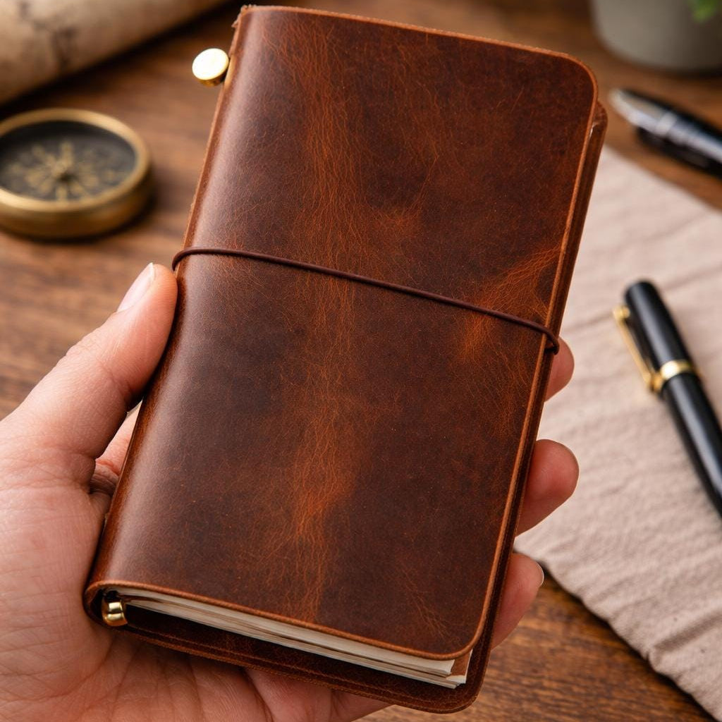 Leather traveler's notebook shown open with paper inserts