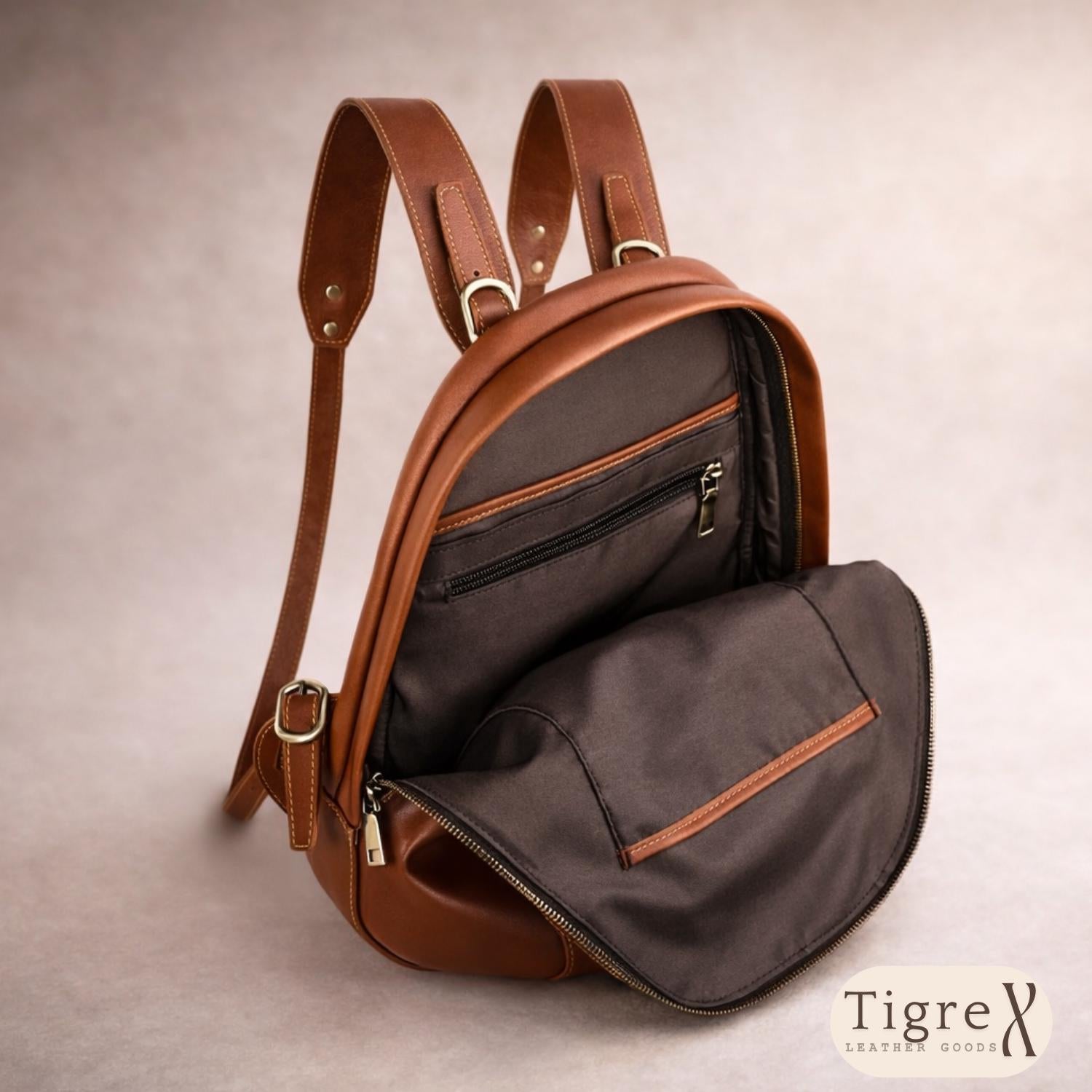 Monogram Leather Backpack – Full-Grain Travel & Laptop Bag Tigre X Studio