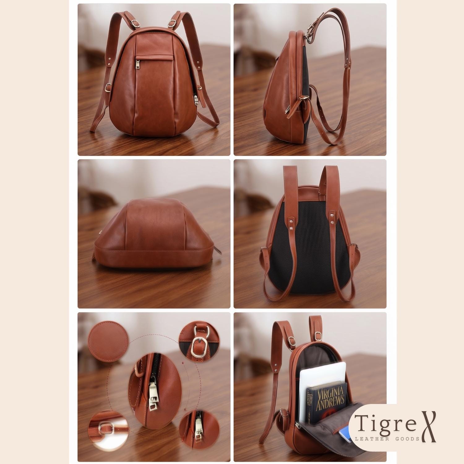 Monogram Leather Backpack – Full-Grain Travel & Laptop Bag Tigre X Studio