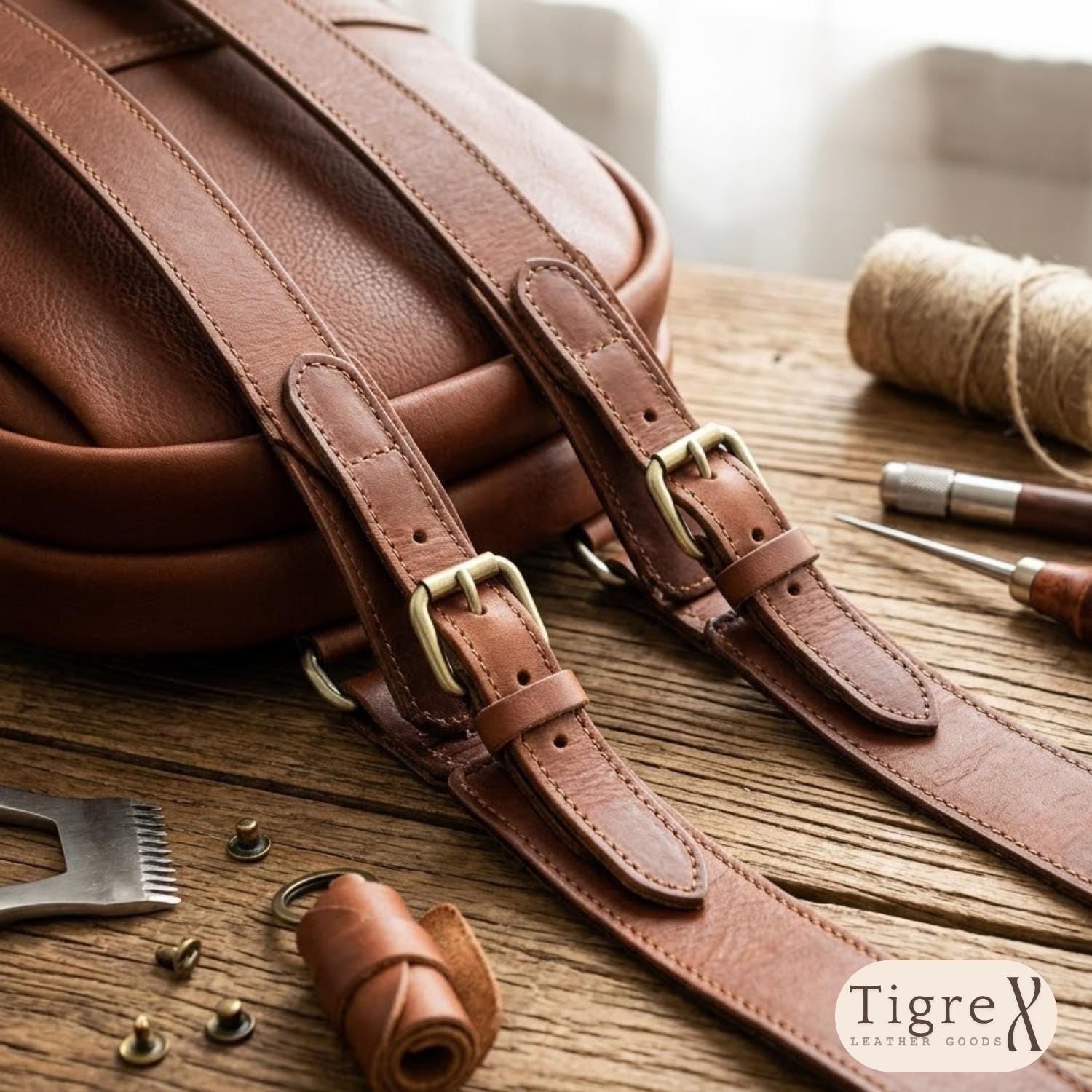 Monogram Leather Backpack – Full-Grain Travel & Laptop Bag Tigre X Studio