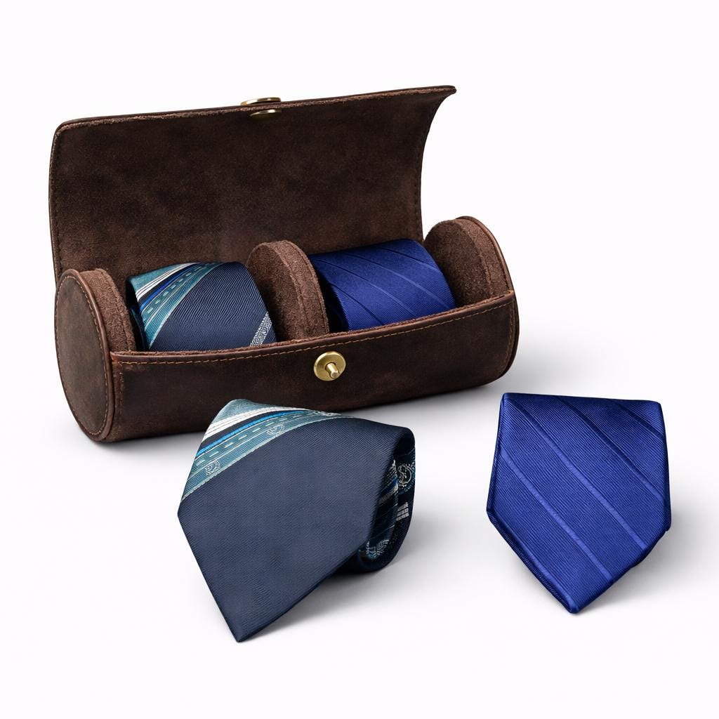 Leather tie case shown open with tie slots