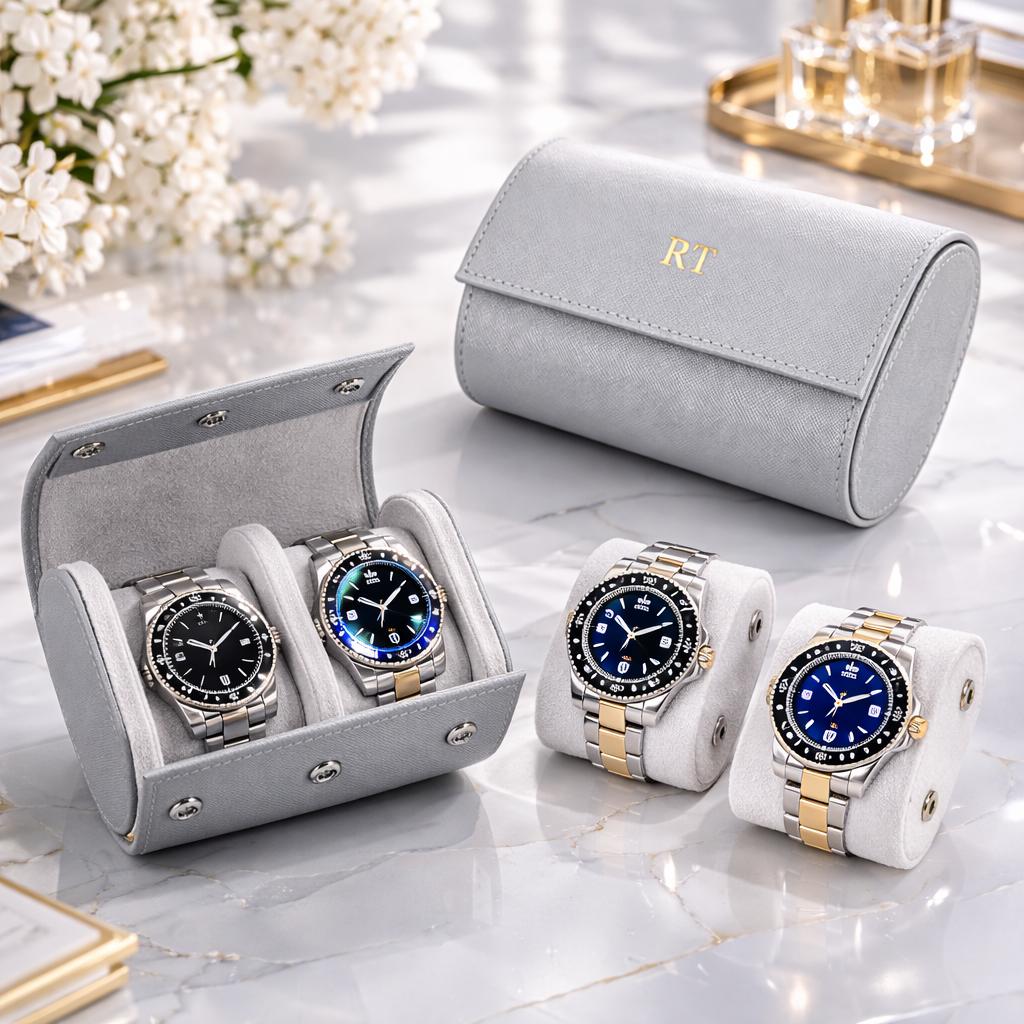 Navy blue leather watch roll with monogram detail