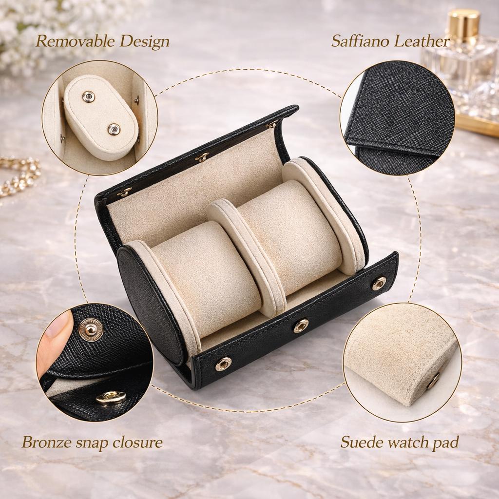 Leather watch roll shown with buckle closure detail