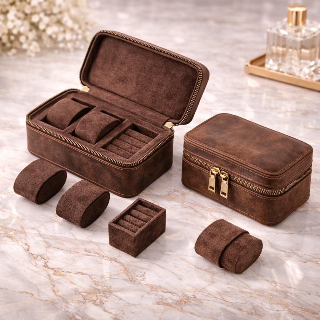 Leather watch case shown open with cufflink and ring compartments