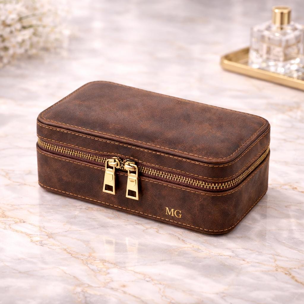 Personalized leather watch case, a groomsmen gift with ring and cufflink storage