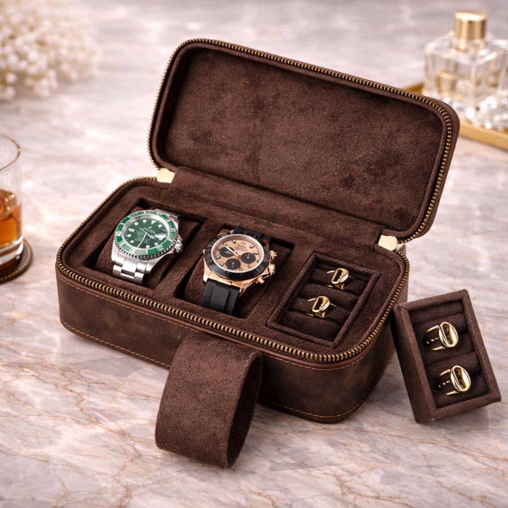 Personalized leather watch case with 3 slots, cufflink and ring organizer, TigreX Leather Studio