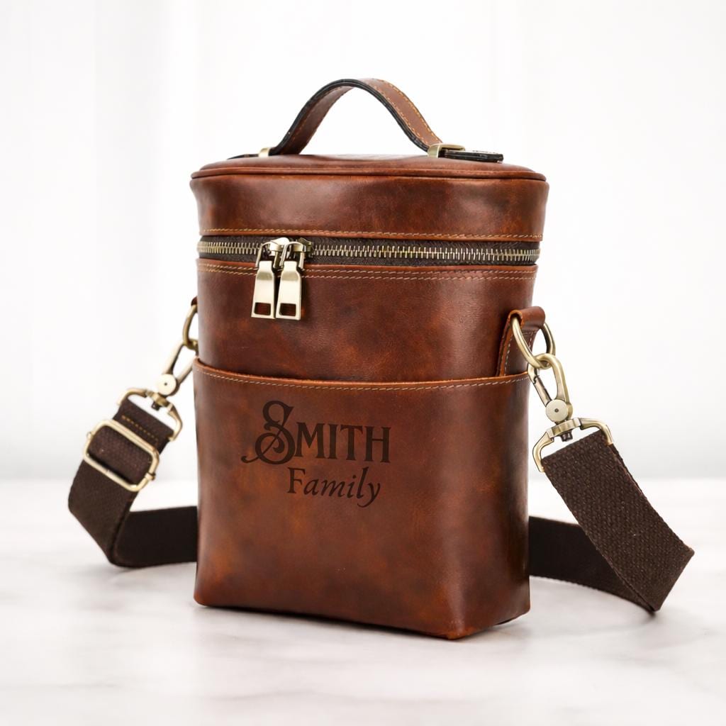 Leather crossbody bag shown open with interior compartment