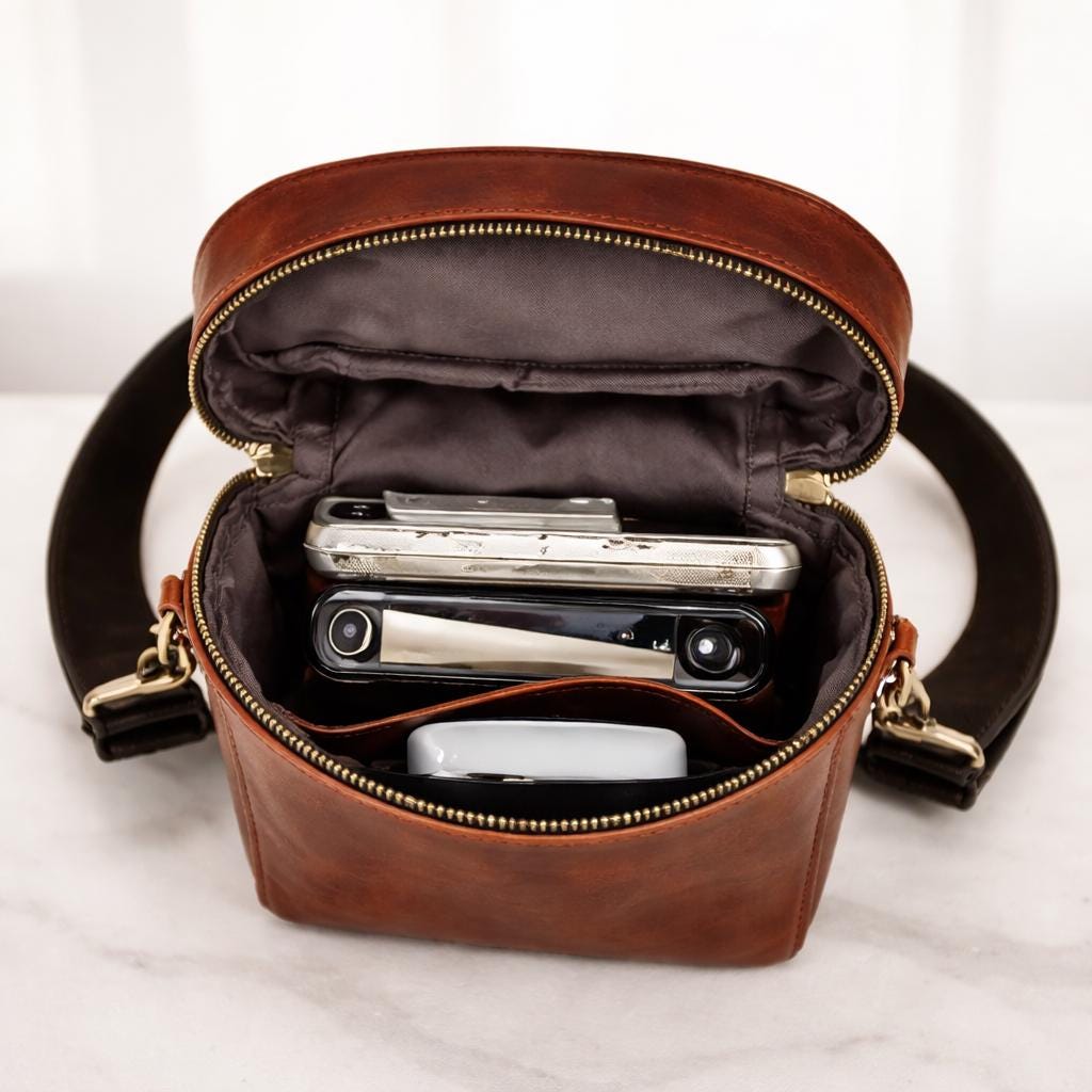 Close-up of full-grain leather texture on a crossbody bag