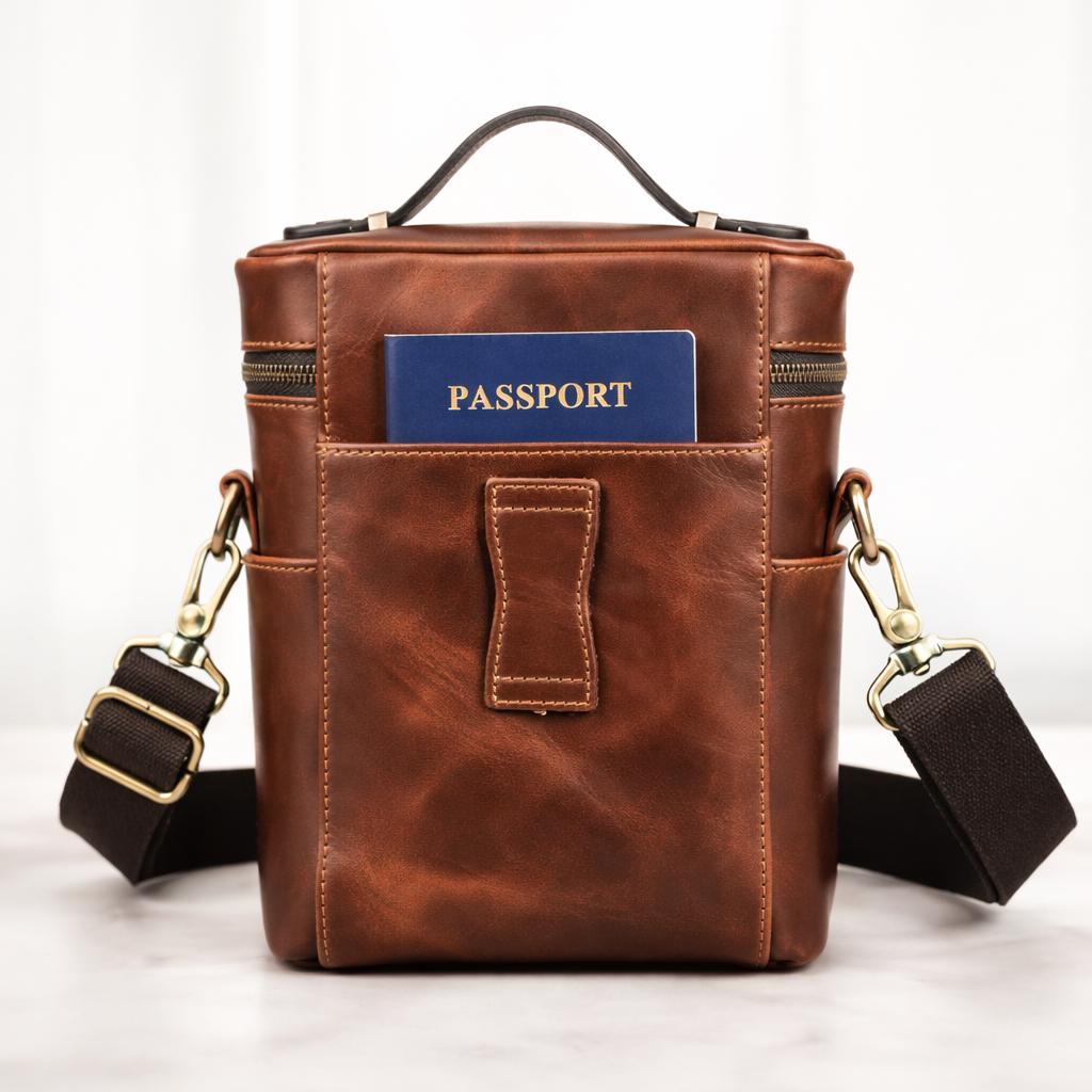 Custom engraving detail on a leather crossbody bag