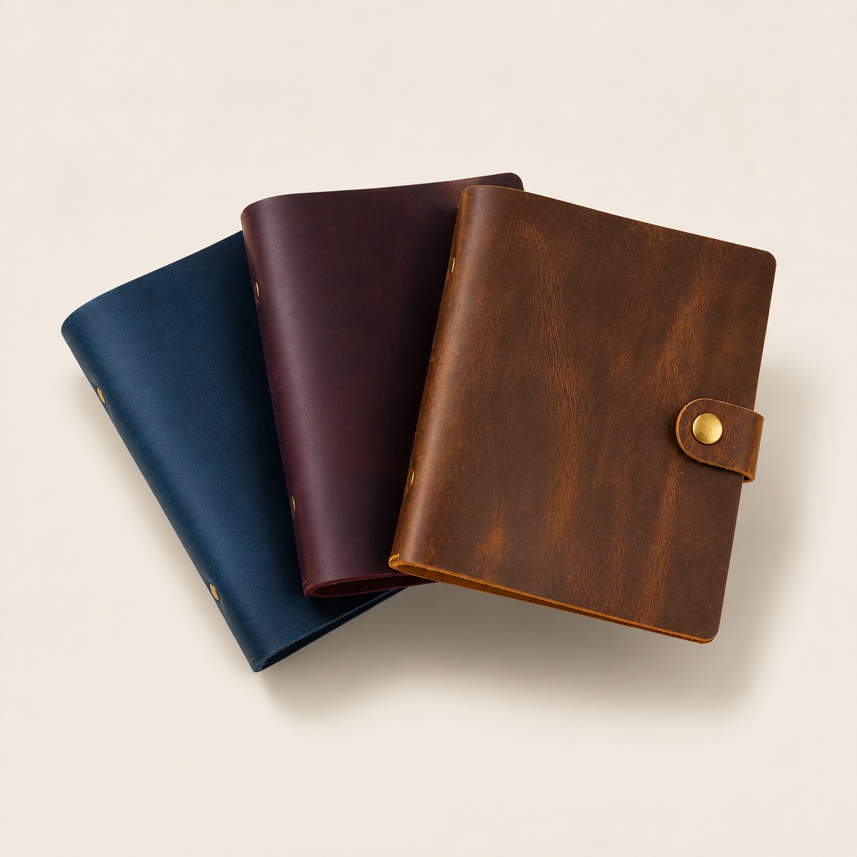 Leather photo album shown open with photo sleeves