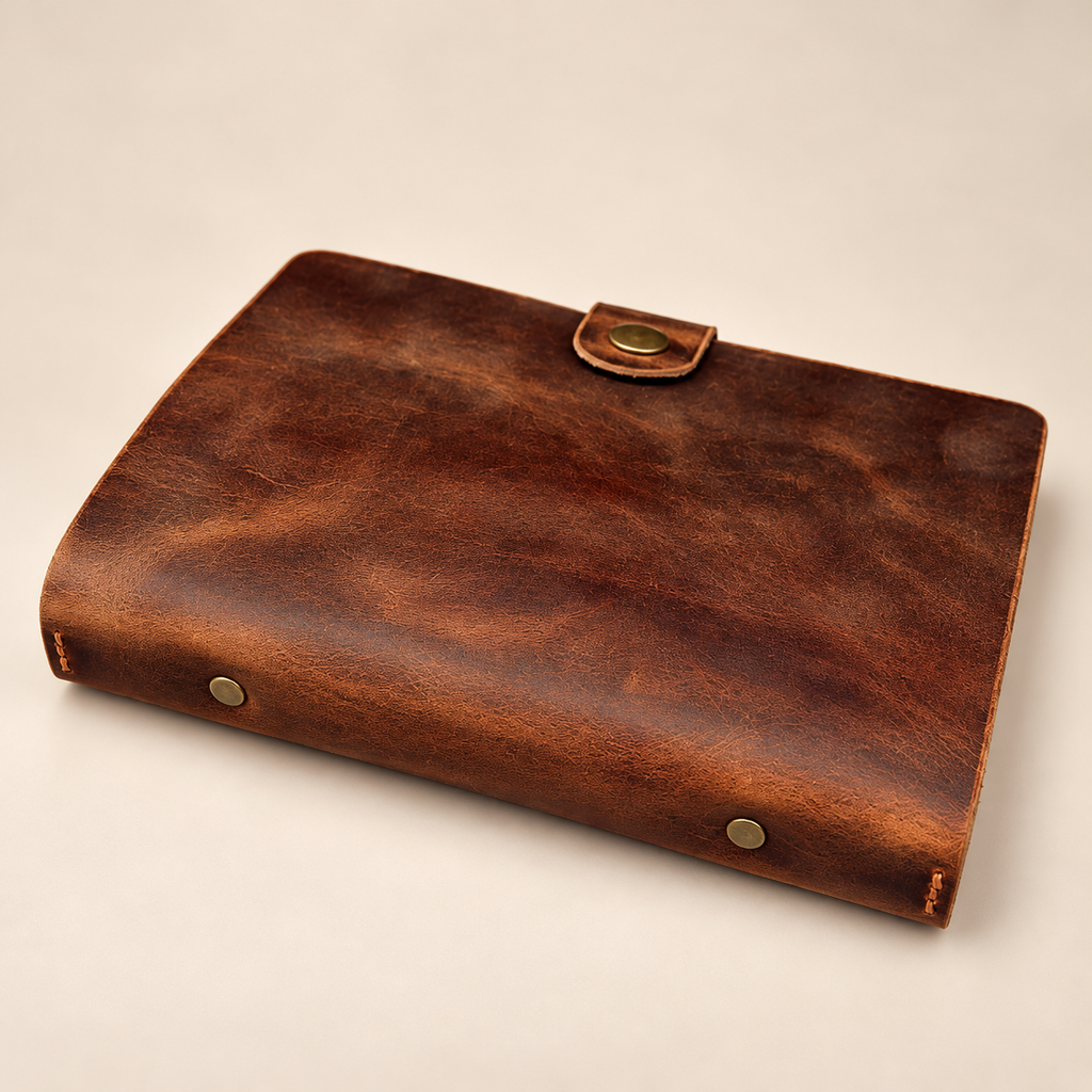 Full-grain brown leather refillable journal closed binder spine, side view of antique brass rivets