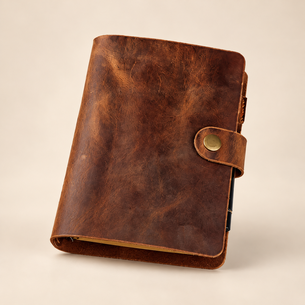 Rustic brown leather personalized A6 refillable six-ring notebook cover with brass snap and pen loop | TigreX Studio
