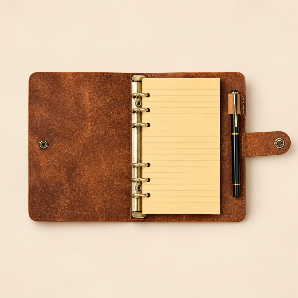 Inside of personalized brown A6 leather journal with six rings, lined refill paper and pen holder