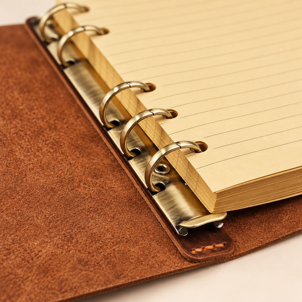 Detailed view of vintage leather six-ring notebook binder mechanism with ruled cream paper
